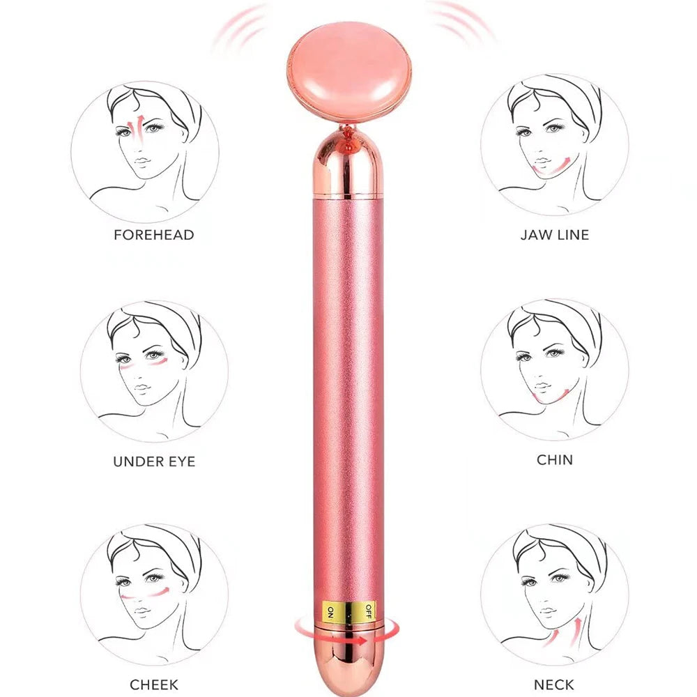 5-in-1 24K Gold Beauty Wand Face Massager Electric Vibrating Rose Quartz 3D Roller Face Lifting Body Facial Gua Sha Jade Roller